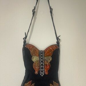 Woven Butterfly Black Shoulder Bag with leather and metal trim - festival wear!